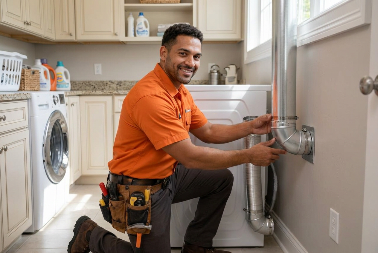 Illustrative technician checking a rigid metal dryer vent connection in a laundry room